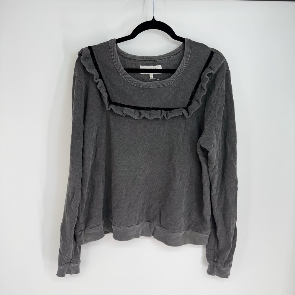 The Great. Washed Grey Ruffled Collar Long Sleeve Full Length Crewneck Top
